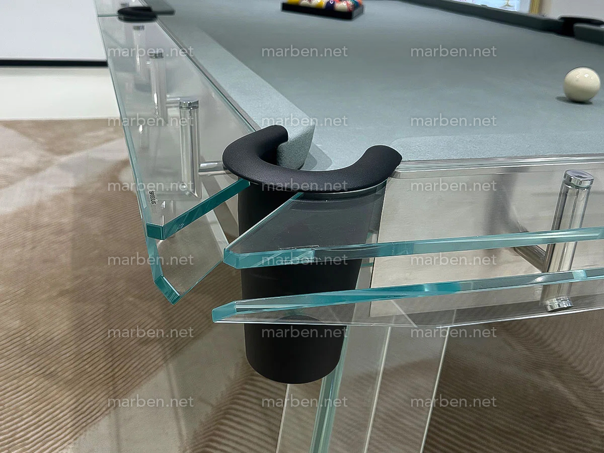 MESA DE BILLAR LUXURY GLASS1,  DE CRISTAL TEMPLADO ESTRUCTURA DE ACERO INOXIDABLE, 7FT ó 8FT
